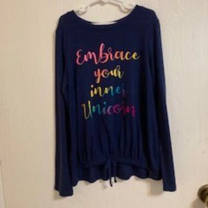 Blue long sleeve with unicorn message